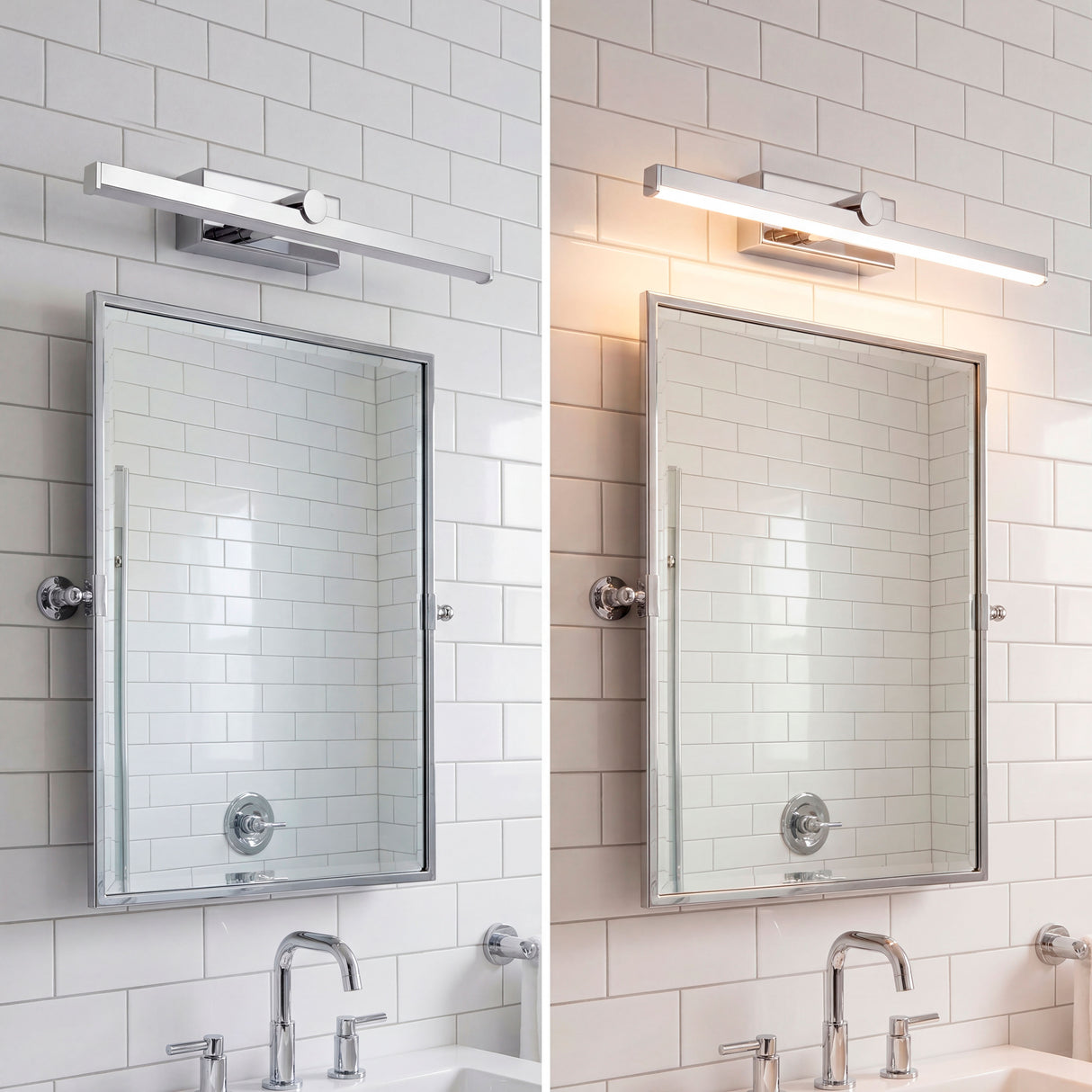 Comparativa de luz cálida y fría en aplique de baño para diferentes rutinas de aseo.