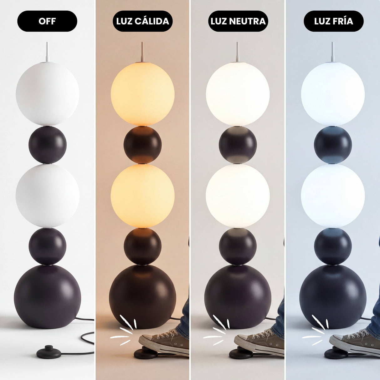 Comparativa de eficiencia lumínica LED en cuatro tonos desde luz cálida hasta fría en formato vertical.