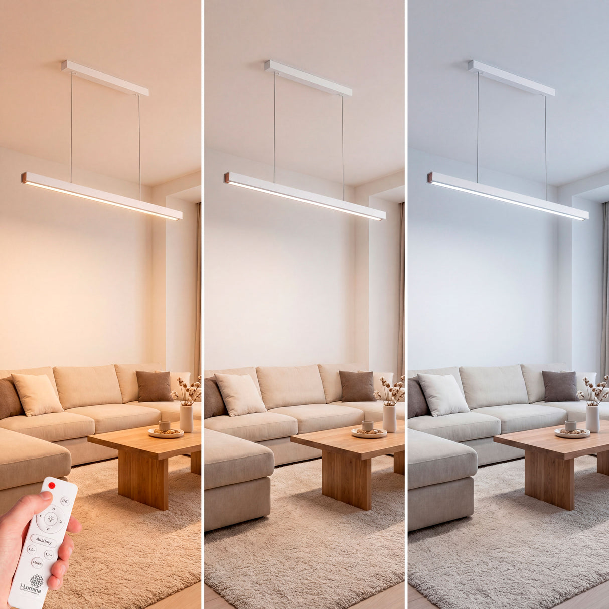 Comparativa de tres tonos de luz (3000K, 4000K, 6000K) en luminaria lineal blanca.