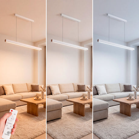 Comparativa de tres tonos de luz (3000K, 4000K, 6000K) en luminaria lineal blanca.