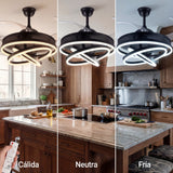 Tres tonos de luz LED (cálida, neutra y fría) disponibles en la lámpara ventilador Luxury.