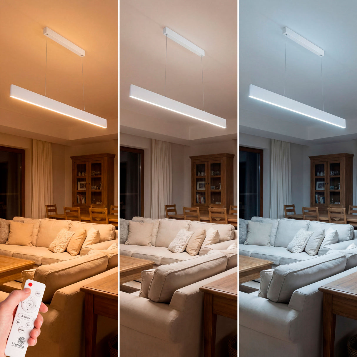 Comparativa de luz cálida, neutra y fría ajustable mediante mando inalámbrico.