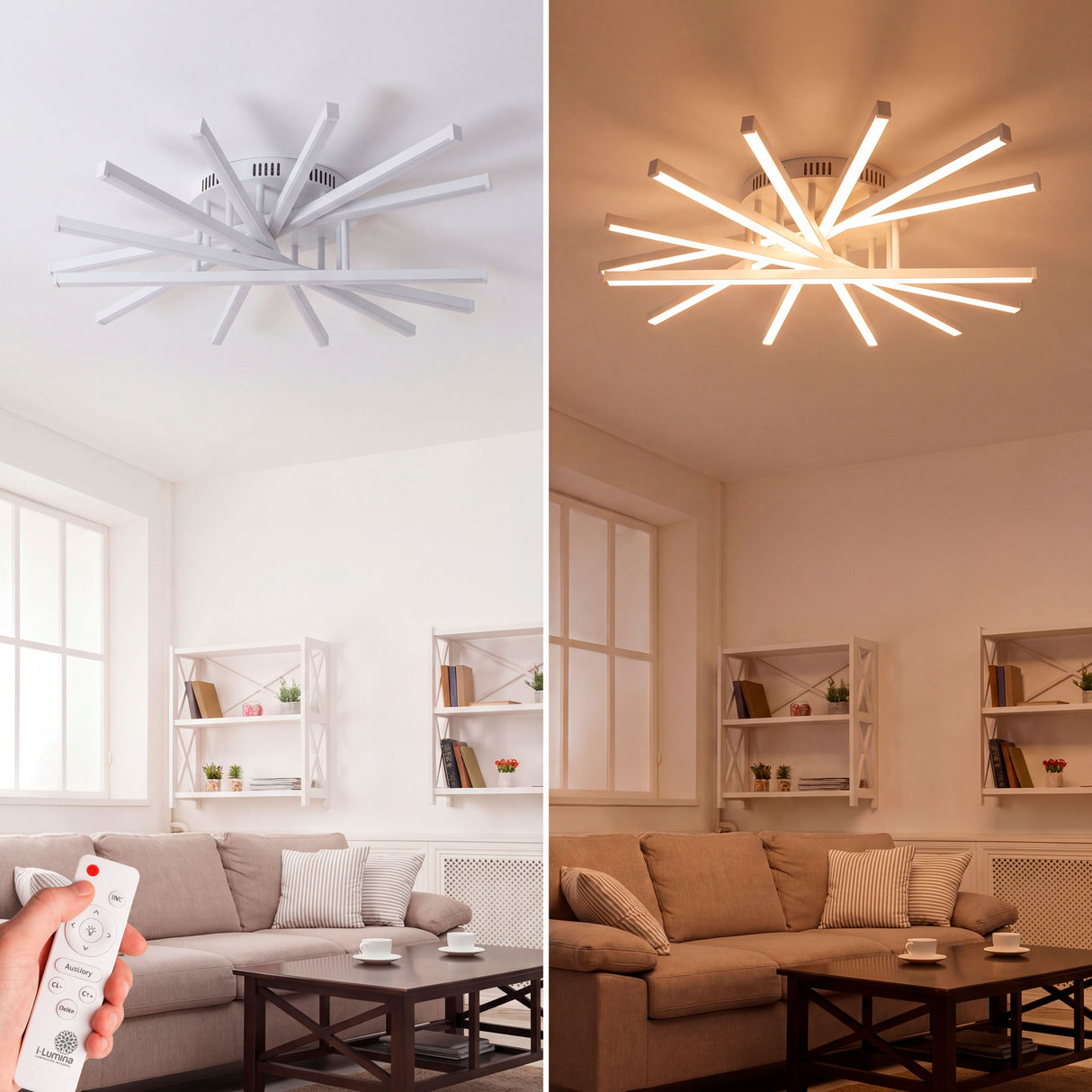 Comparativa de luz cálida y blanca fría ajustable mediante control remoto inalámbrico.