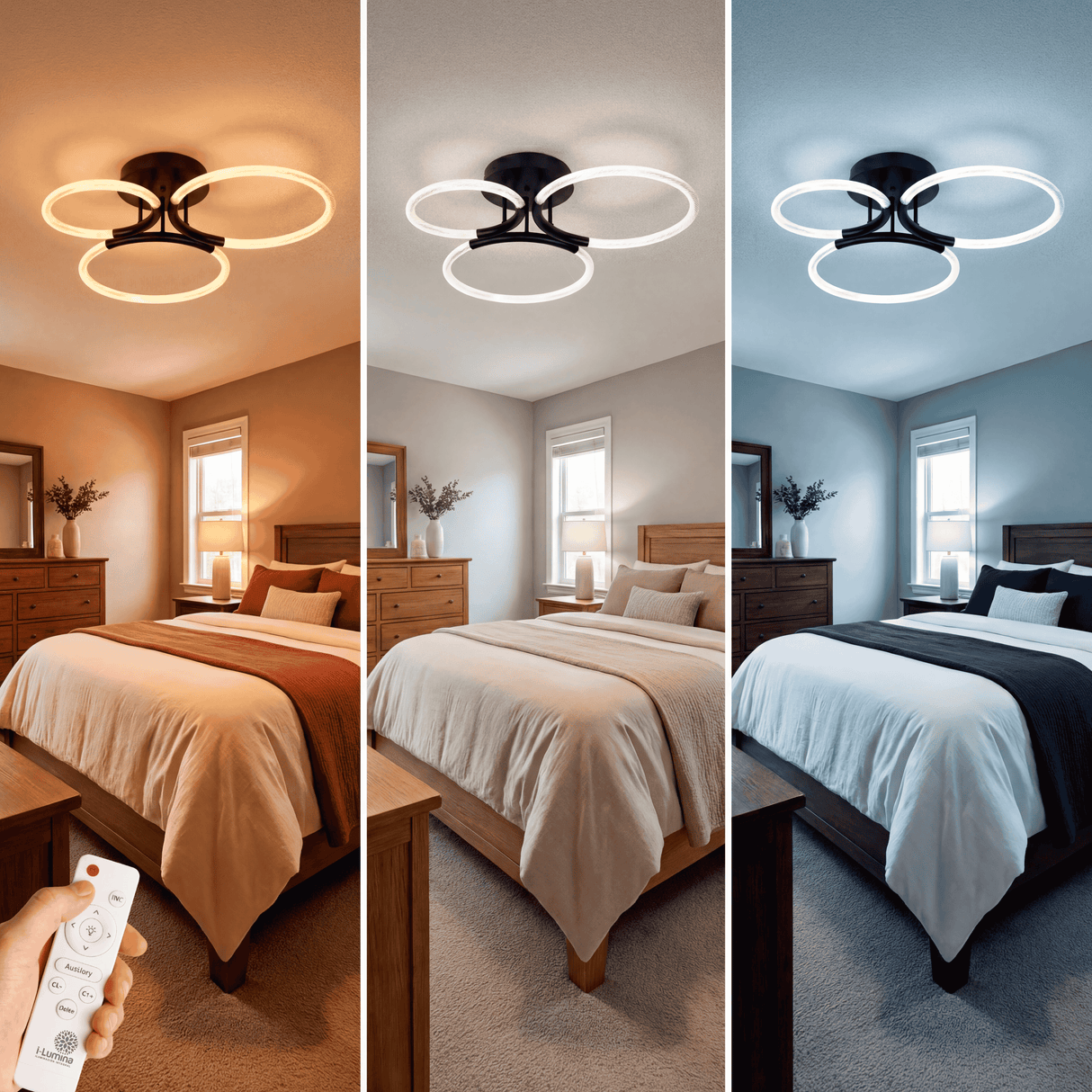 Comparativa de luz de 3000K, 4500K y 6000K ajustable mediante control remoto.
