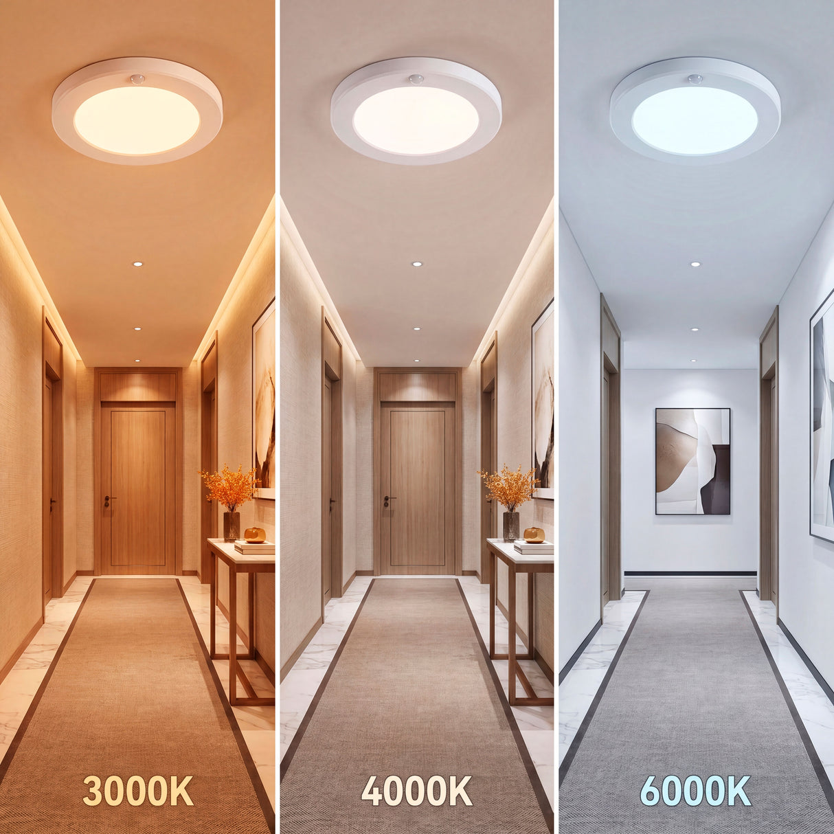 Comparativa de tres temperaturas lumínicas aplicadas en pasillos de arquitectura contemporánea.