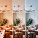 Comparativa de luz cálida, neutra y fría controlada a distancia en una sala residencial.