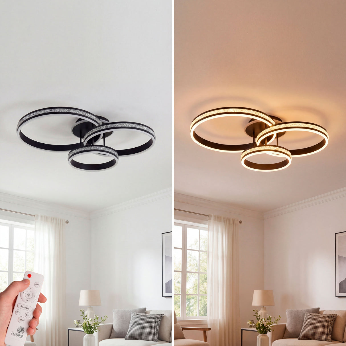 Transición de luz blanca cálida a blanca fría en estancia de diseño contemporáneo.