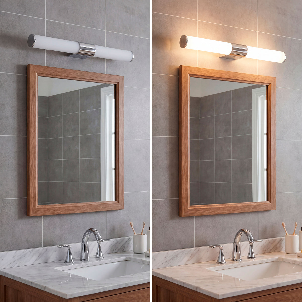 Comparativa de luz cálida y blanca en baño moderno con aplique Nery de 12W.