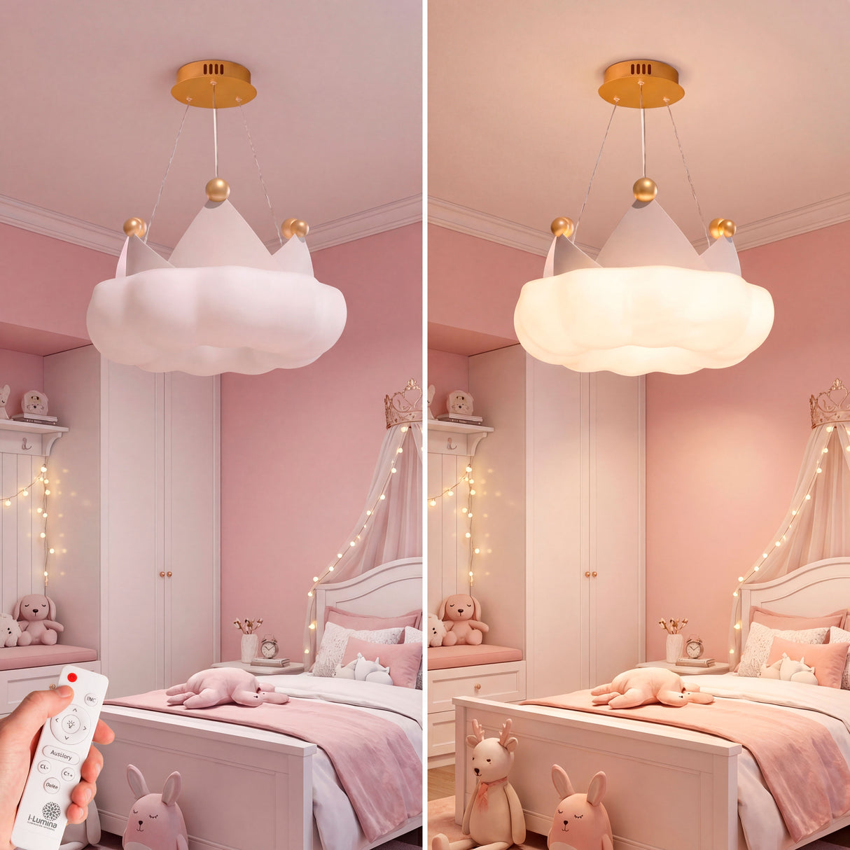 Comparativa de luz cálida y blanca ajustable con control remoto en dormitorio rosa.