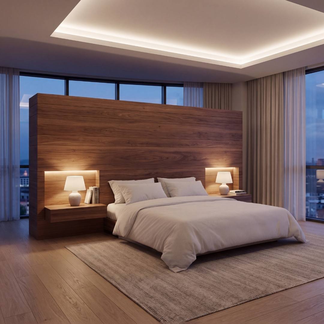 Dormitorio con cabecera y techo iluminados con cinta LED COB 4000K