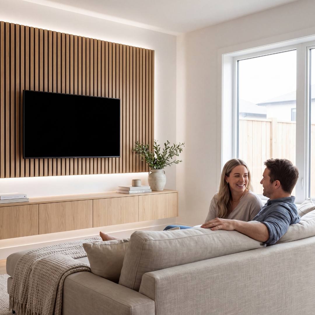 Pareja en la sala con mueble de TV retroiluminado con cinta LED COB