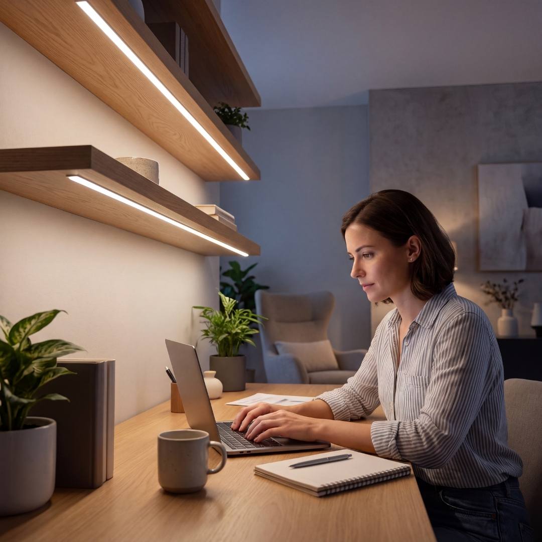 Mujer trabajando en su escritorio iluminado con cinta LED bajo la repisa