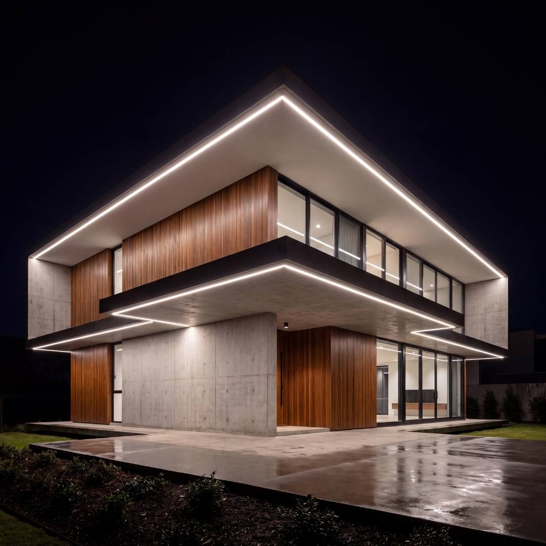 Cinta LED COB IP66 iluminando fachada moderna en exterior nocturno