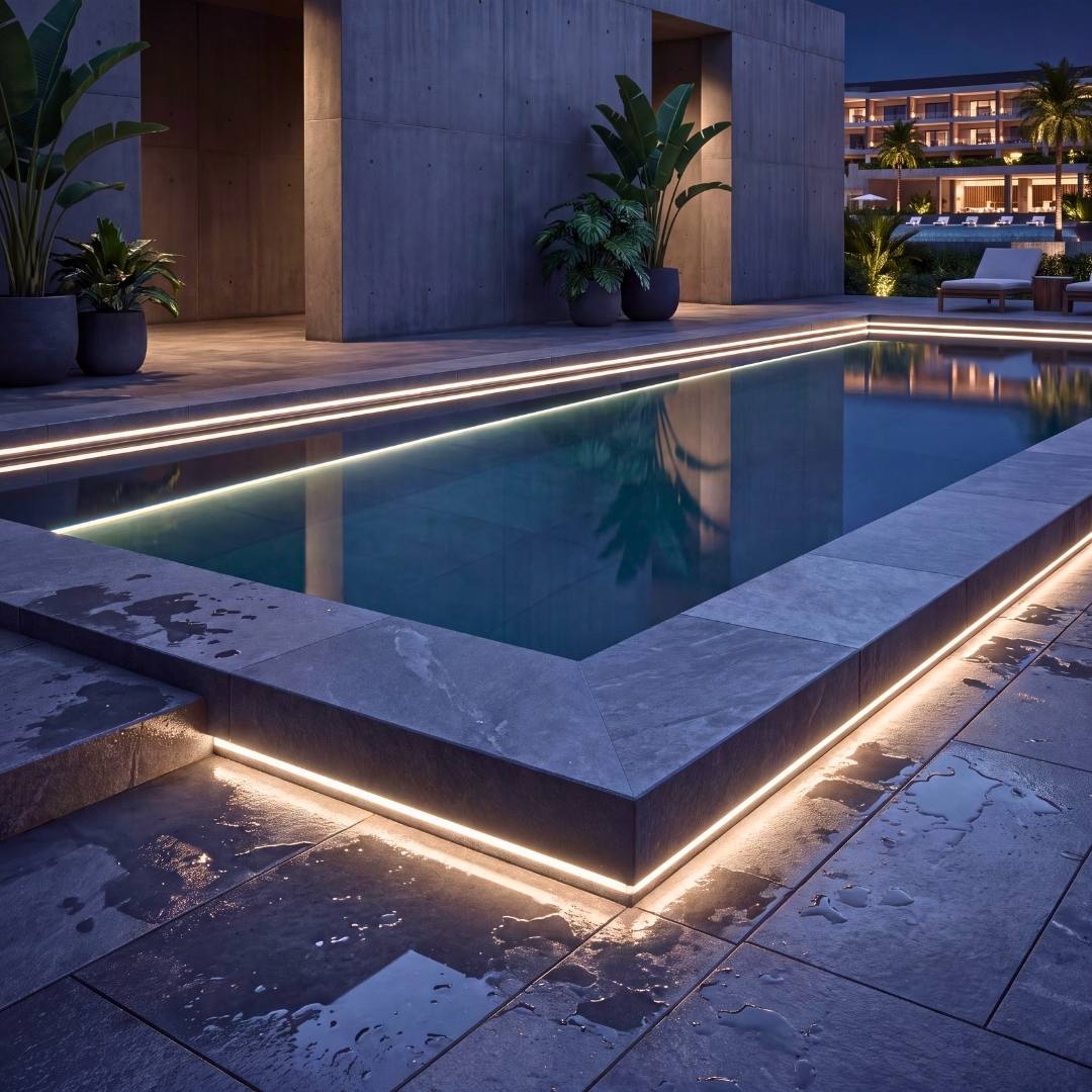 Cinta LED COB IP66 iluminando borde de piscina en exterior nocturno
