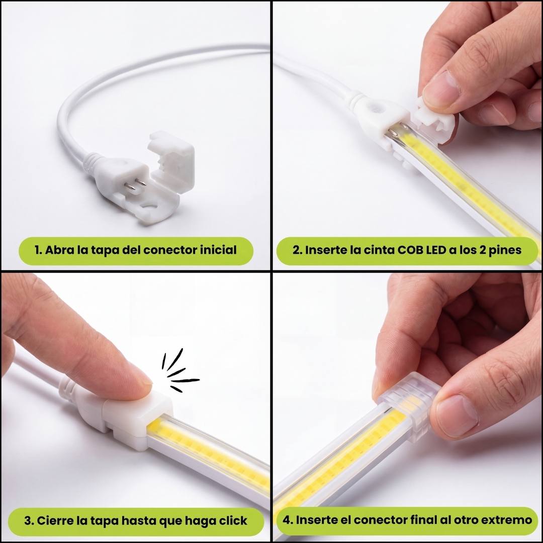 Pasos de conexión del conector a la cinta LED COB hasta enchufar a 220V