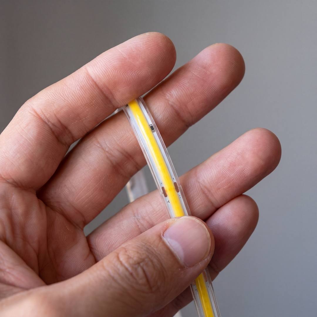 Cinta LED COB compacta de 1 cm de ancho sostenida entre los dedos