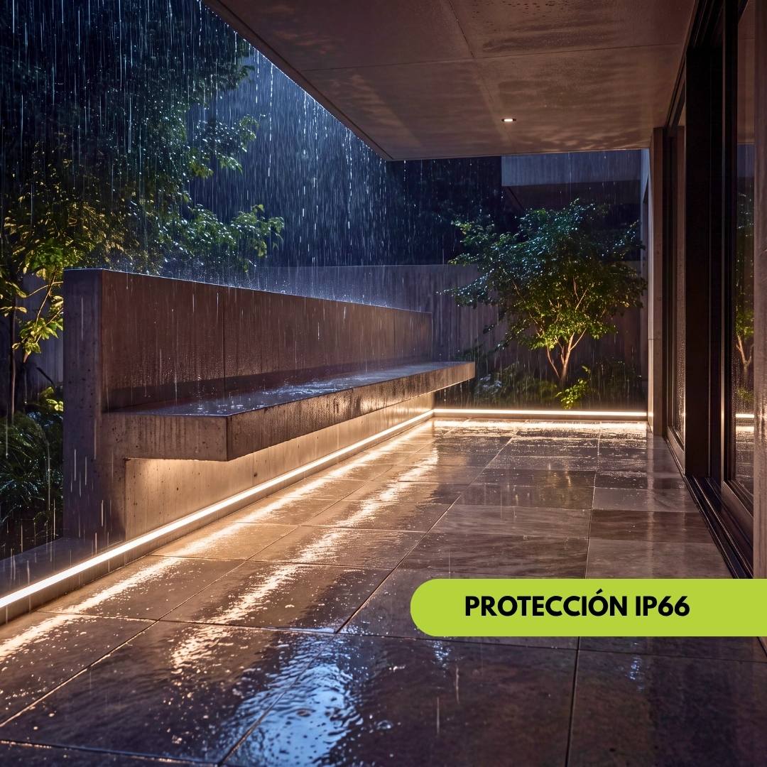 Cinta LED COB resistente al agua iluminando terraza y jardín de noche