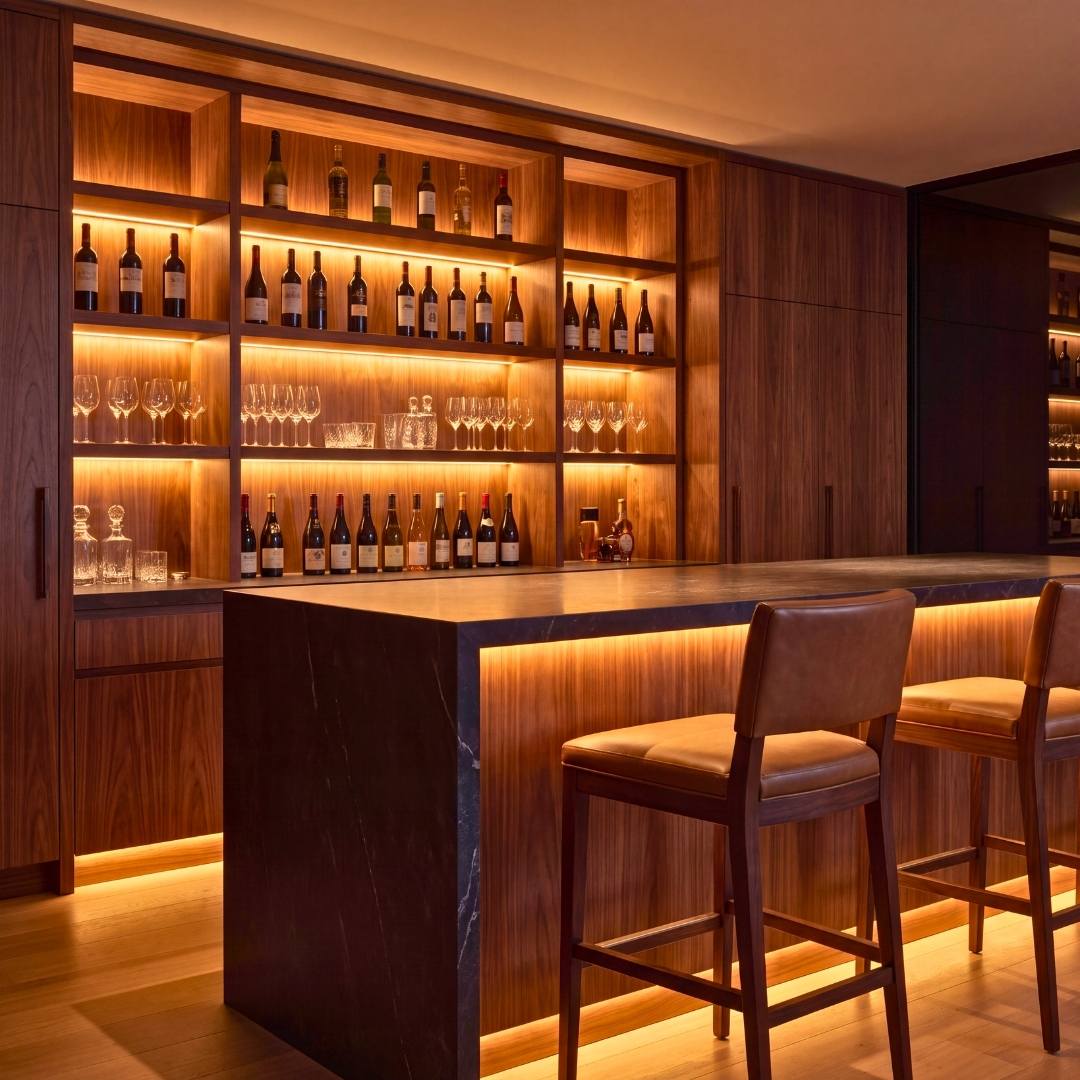 Bar en casa con repisas de botellas iluminadas con cinta LED COB cálida
