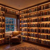 Biblioteca con repisas de madera iluminadas con cinta LED de luz cálida