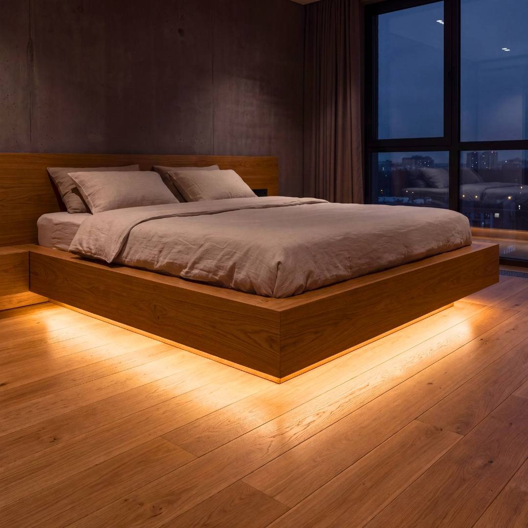 Cama flotante con luz nocturna cálida de cinta LED COB bajo la base