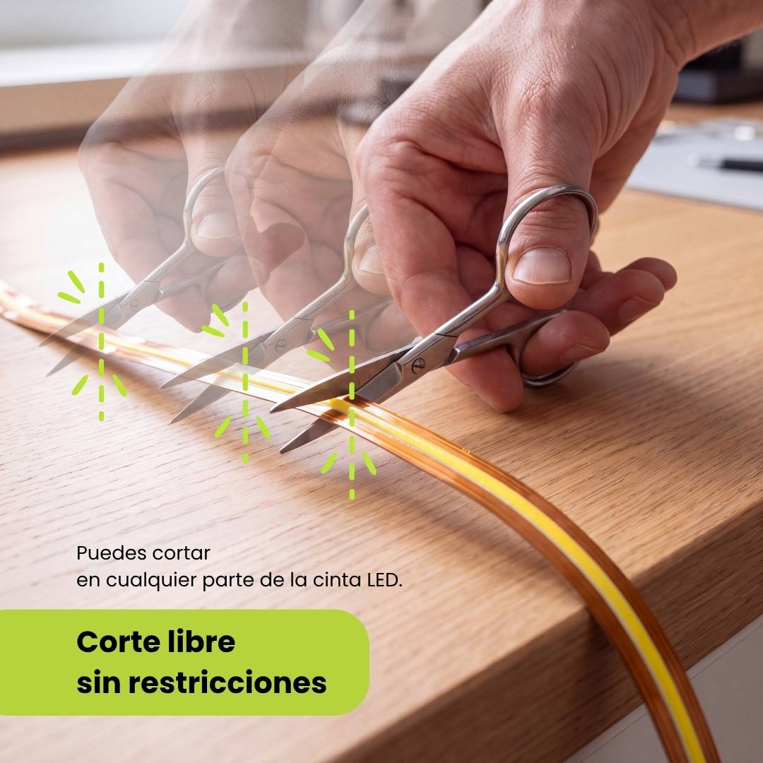 Cinta LED COB 12V cortada con tijera en cualquier punto, sin marcas de corte
