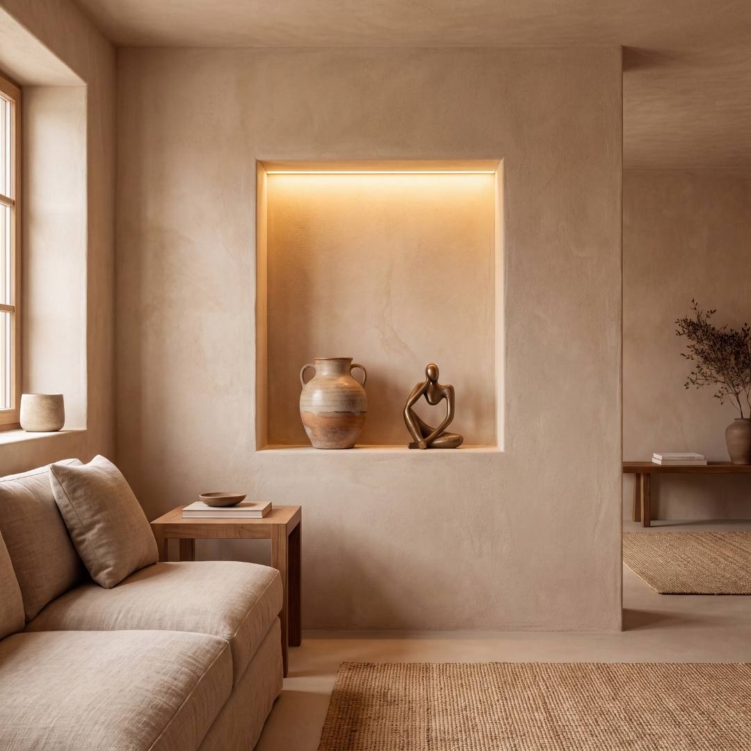 Nicho decorativo de sala iluminado con cinta LED COB luz cálida