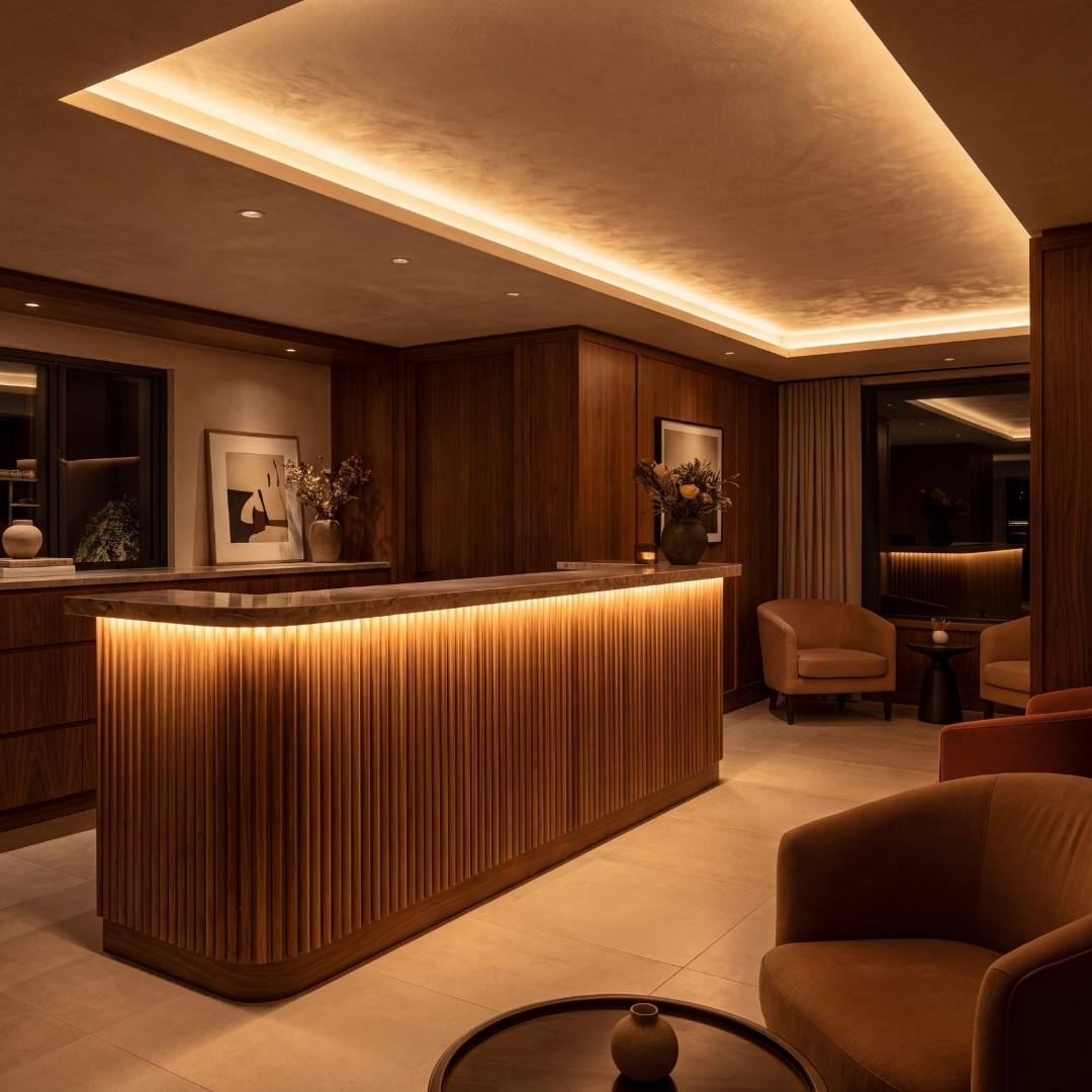Recepción de hotel iluminada con cinta LED COB cálida bajo el mostrador y en el techo