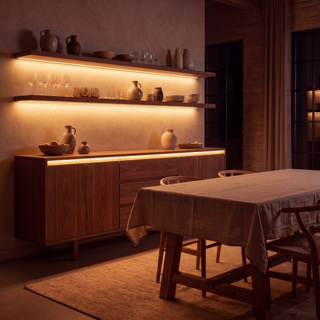 Vestidor de madera con repisas iluminadas con cinta LED cálida 2700K