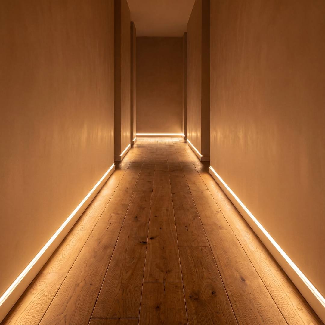 Pasillo con zócalos iluminados con cinta LED COB de luz cálida