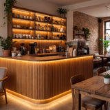 Cafetería con mostrador y repisas iluminadas con cinta LED COB cálida