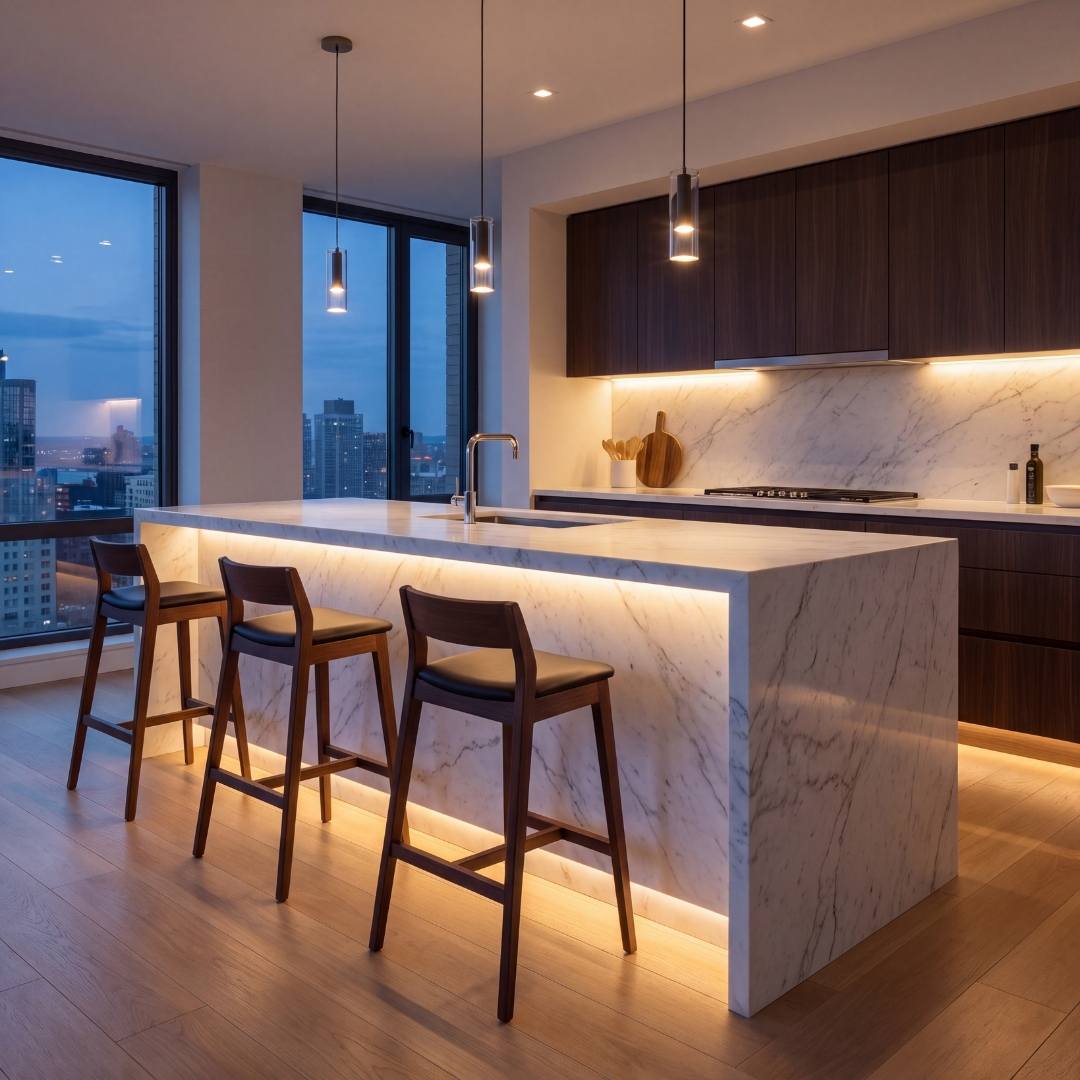Cocina abierta con alacenas y barra iluminadas con cinta LED cálida