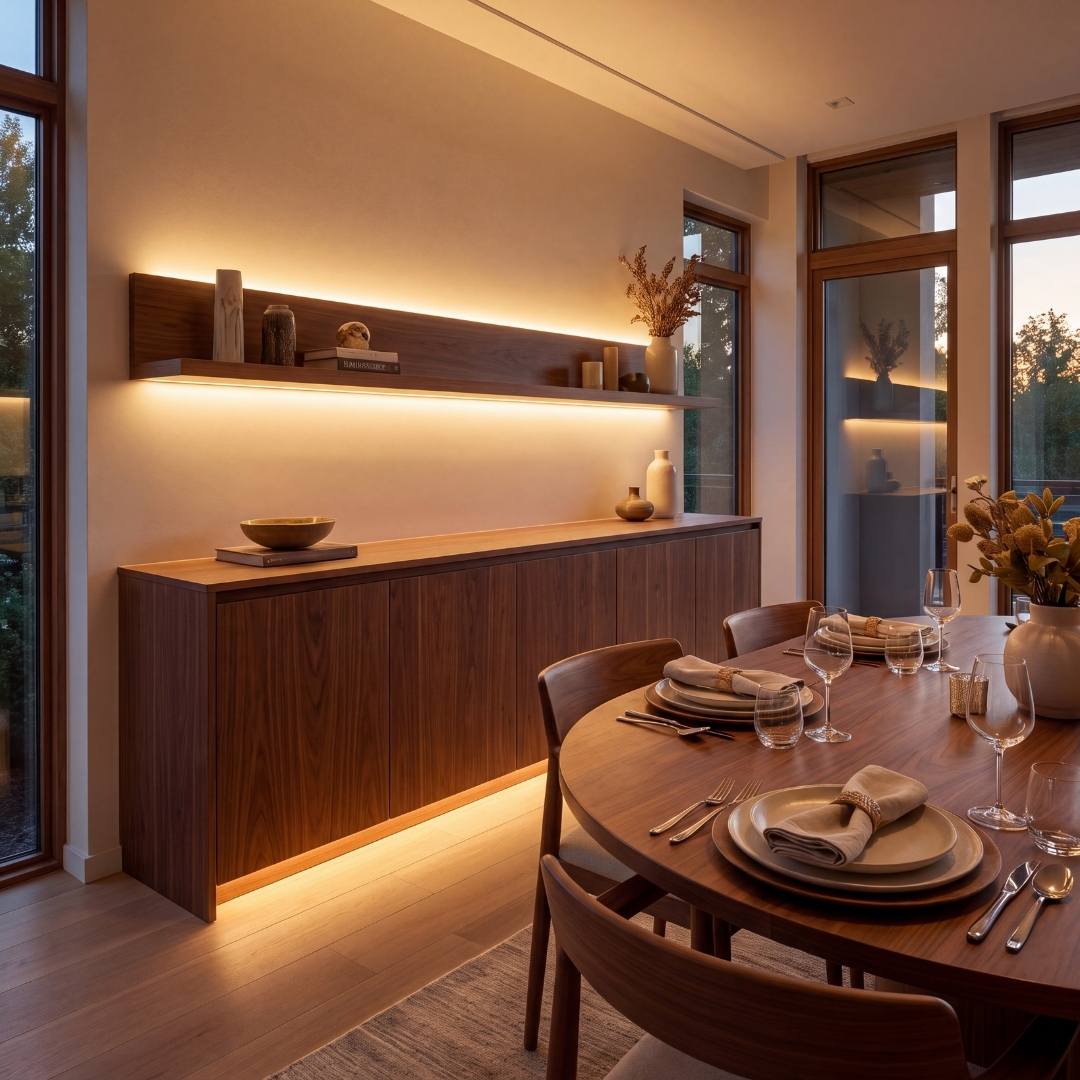 Comedor con aparador iluminado con cinta LED COB luz cálida 3000K