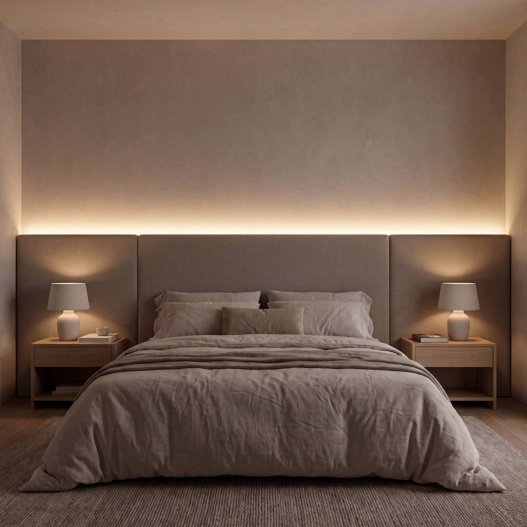 Cabecera de dormitorio con halo de luz cálida de cinta LED COB