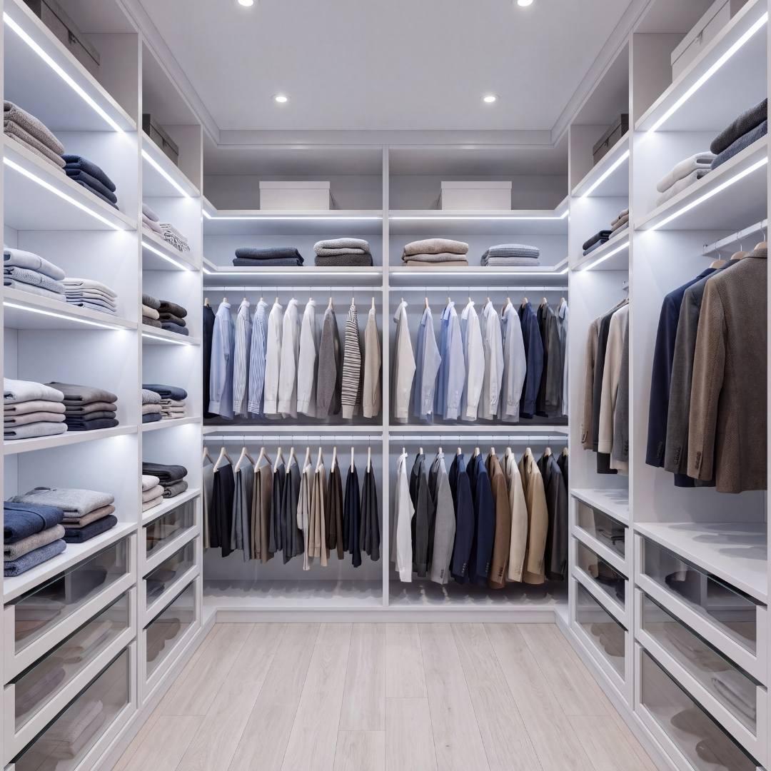 Clóset walk-in con repisas iluminadas con cinta LED COB luz blanca fría