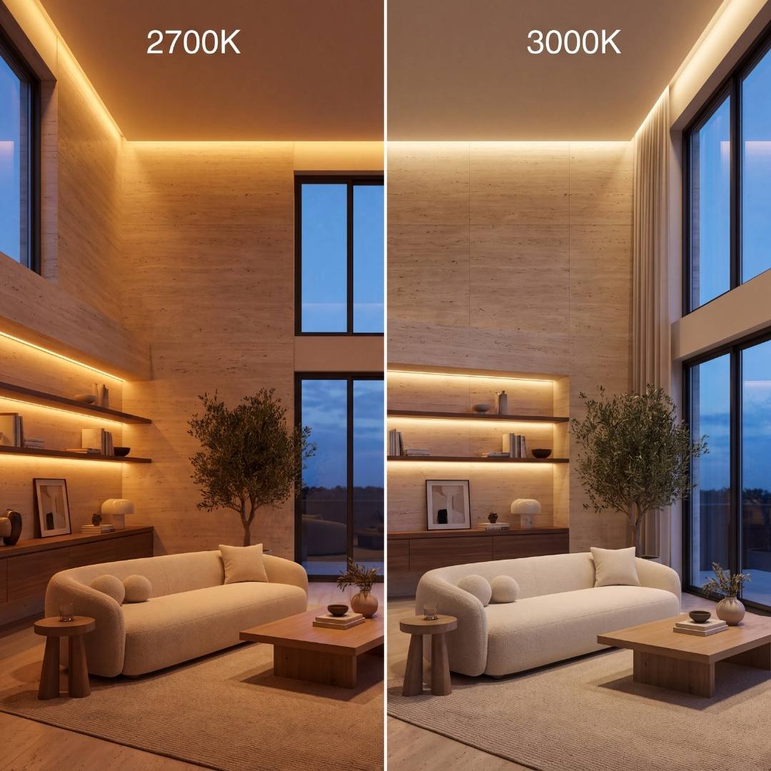 Comparación de una sala iluminada con cinta LED COB en 2700K y en 3000K