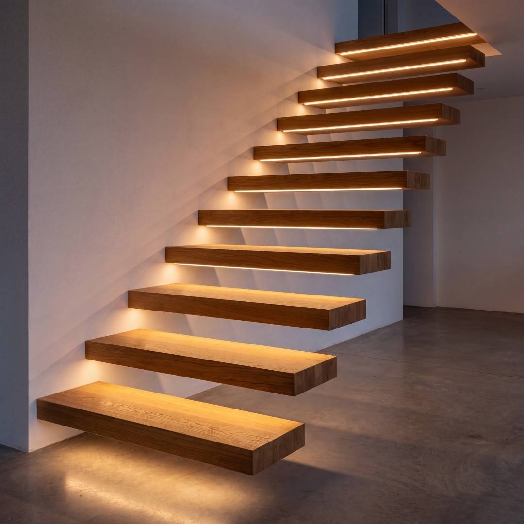 Escalera flotante con peldaños iluminados con cinta LED COB luz cálida