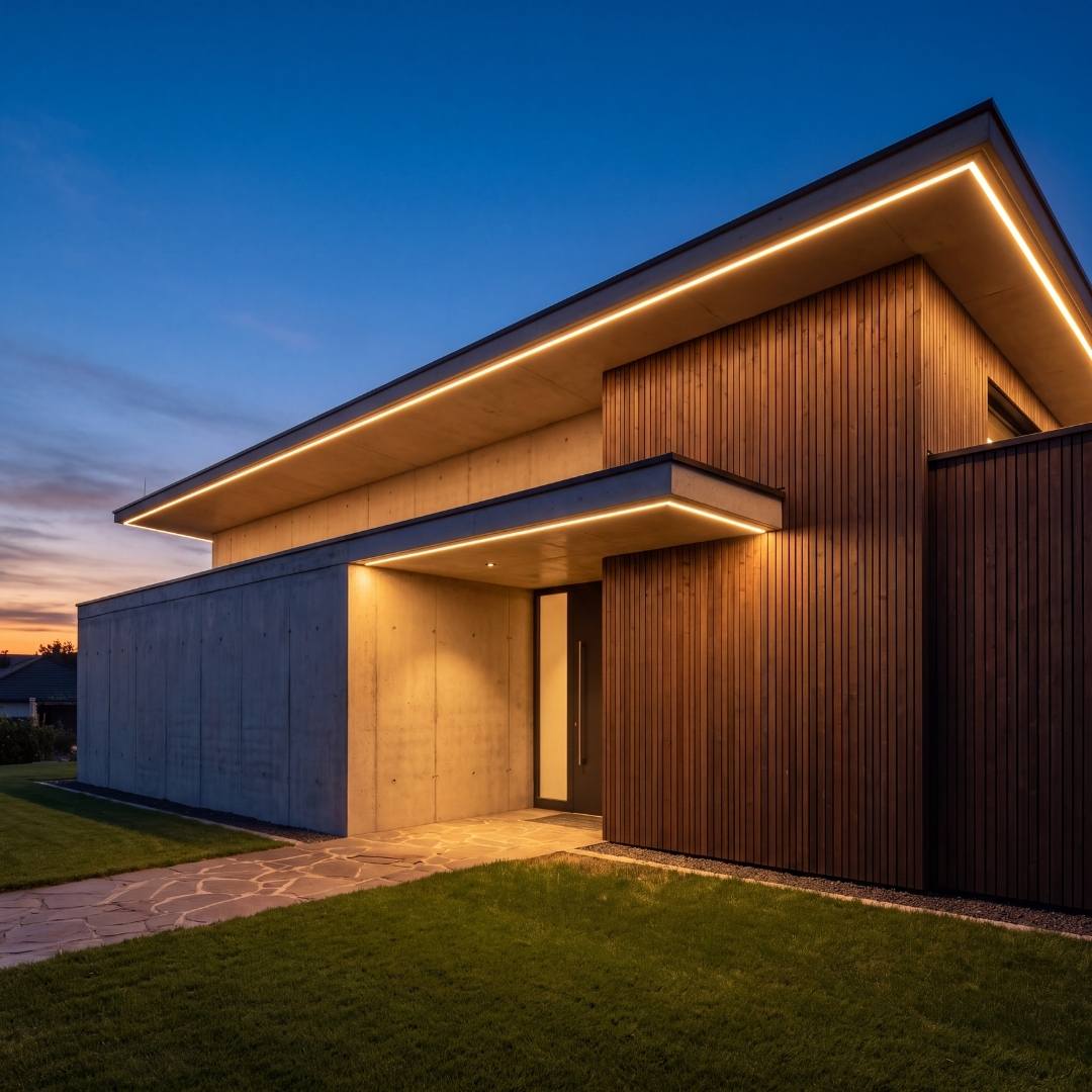 Fachada moderna con alero iluminado por cinta LED COB luz cálida al atardecer