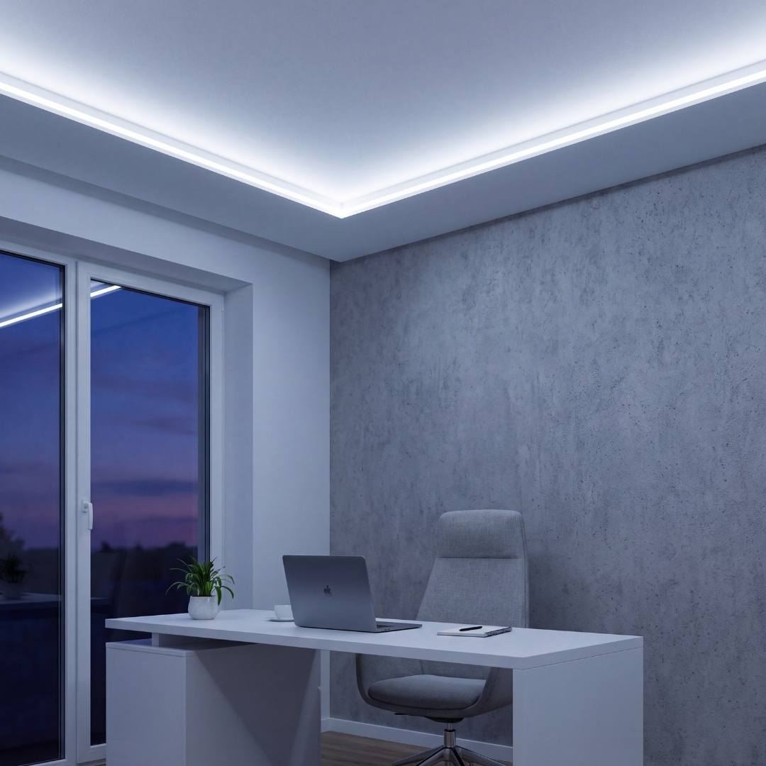 Oficina moderna con fosa de techo iluminada con cinta LED COB luz blanca