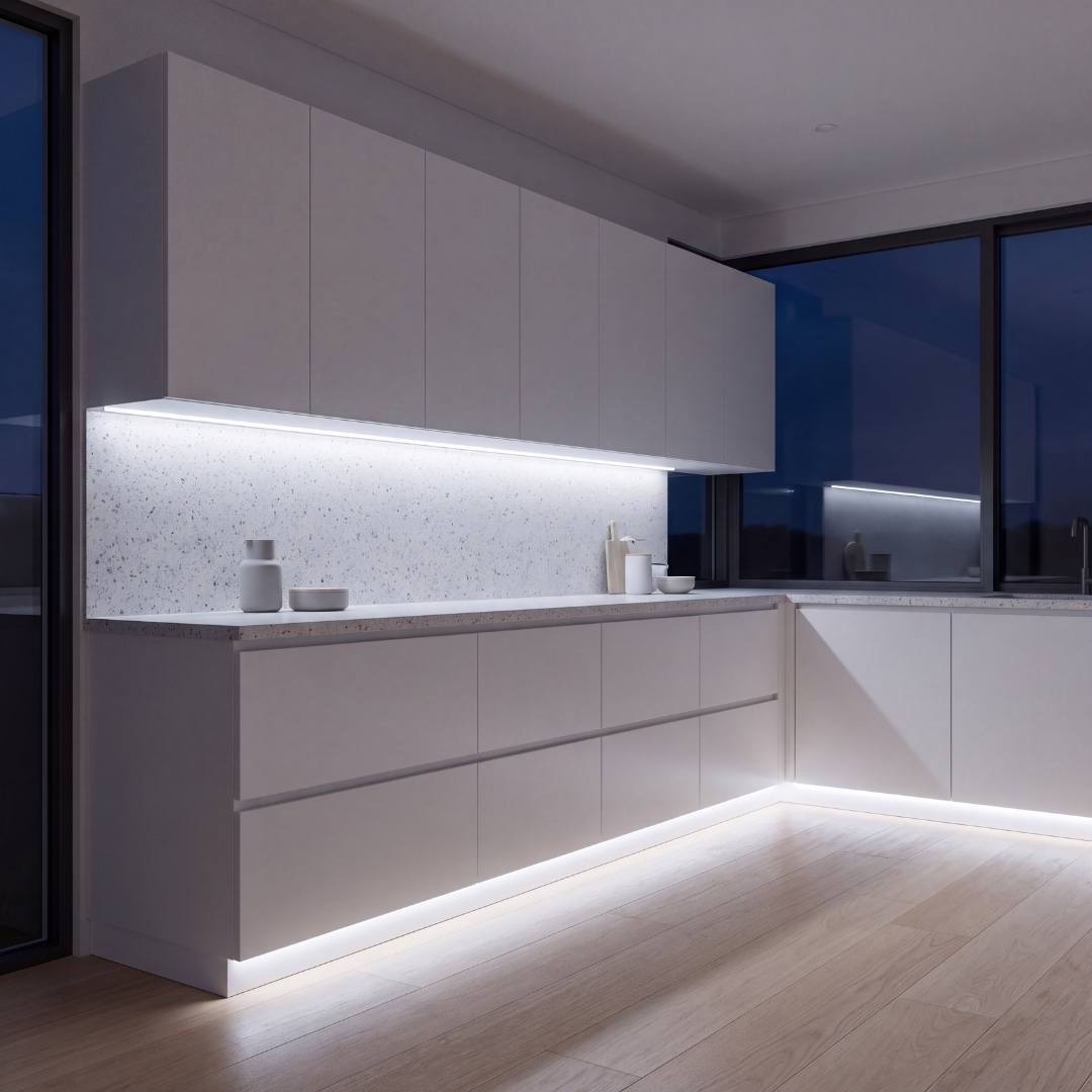 Cocina blanca moderna con cinta LED COB luz fría bajo alacenas y zócalo