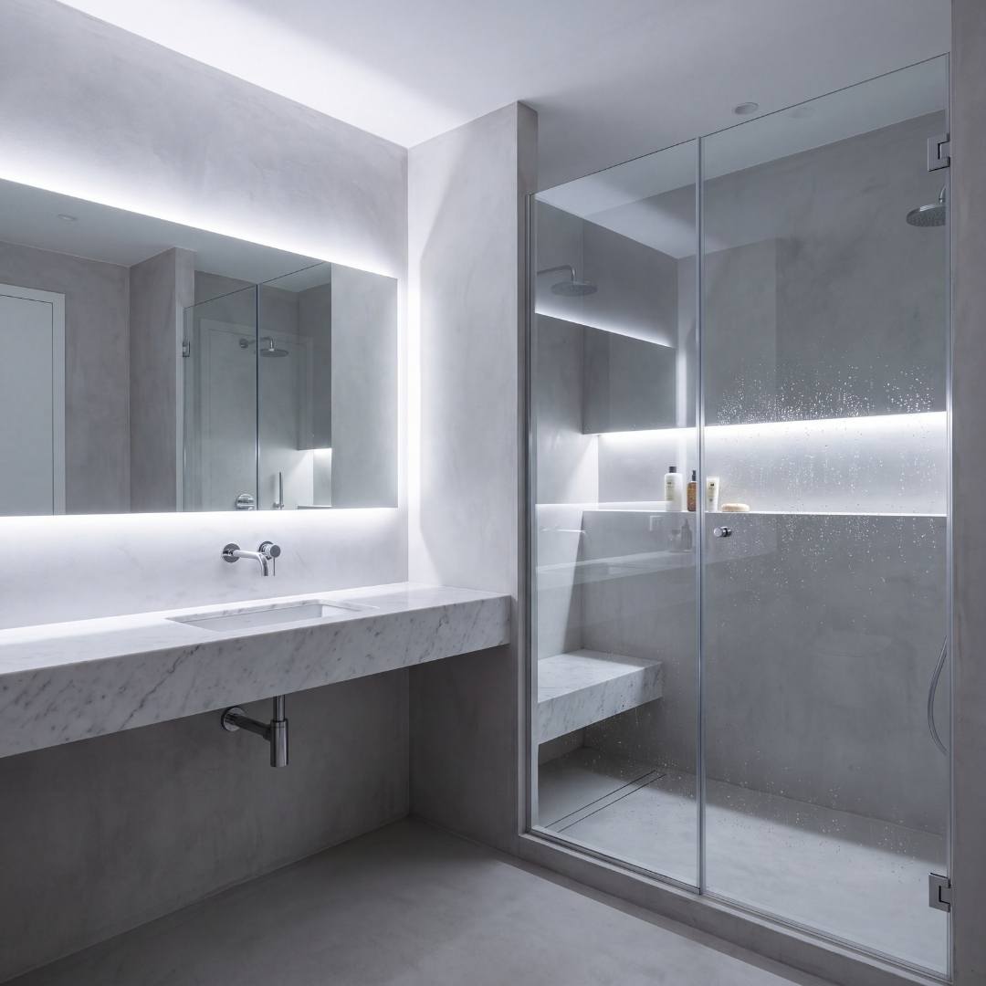 Baño moderno con espejo y nicho de ducha iluminados con cinta LED COB fría