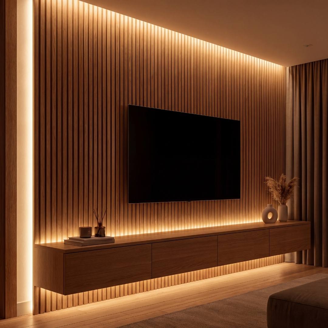 Mueble de TV con listones de madera retroiluminado con cinta LED COB cálida