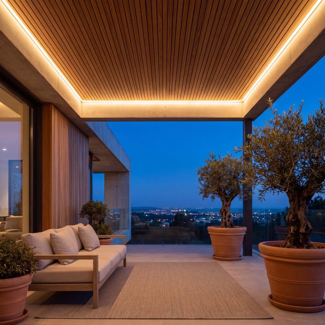 Terraza techada de noche con fosa perimetral de cinta LED COB cálida