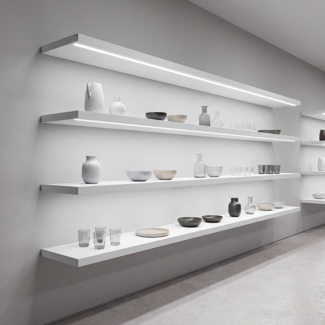 Estantería de tienda iluminada con cinta LED COB fría en perfiles de aluminio