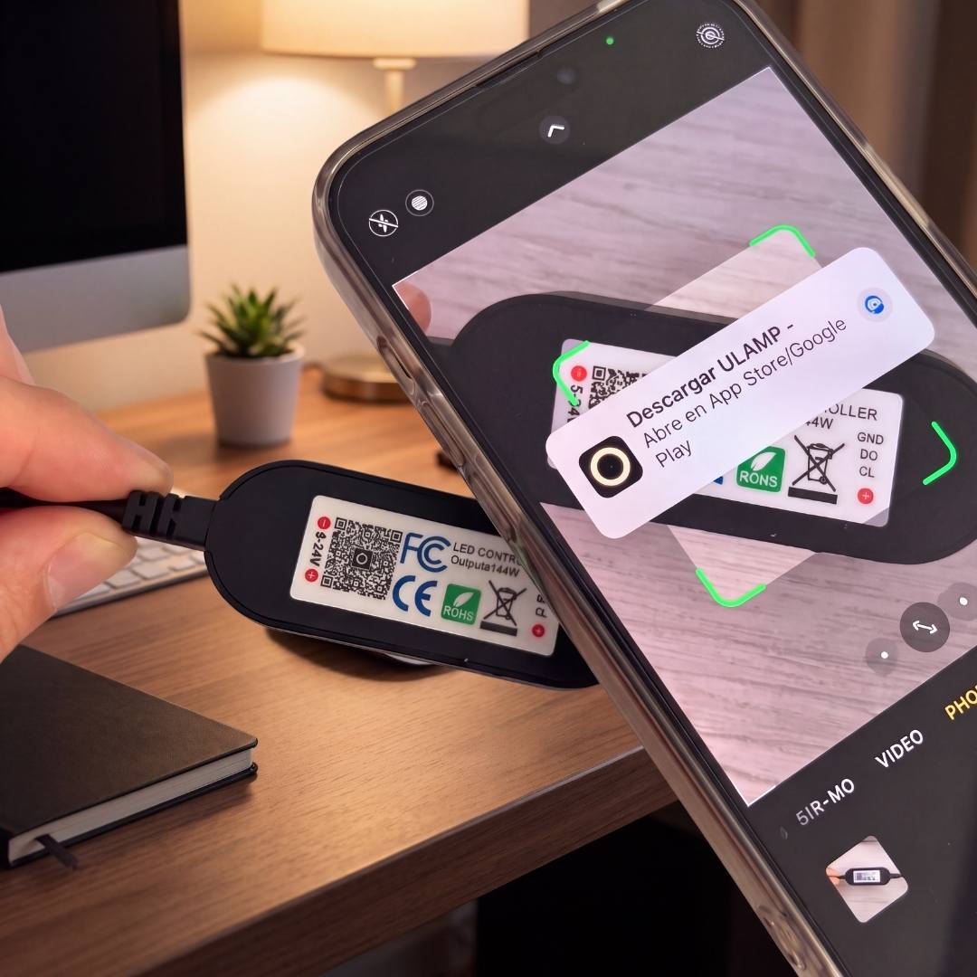 Celular escaneando el código QR para descargar la app que controla la cinta LED RGB