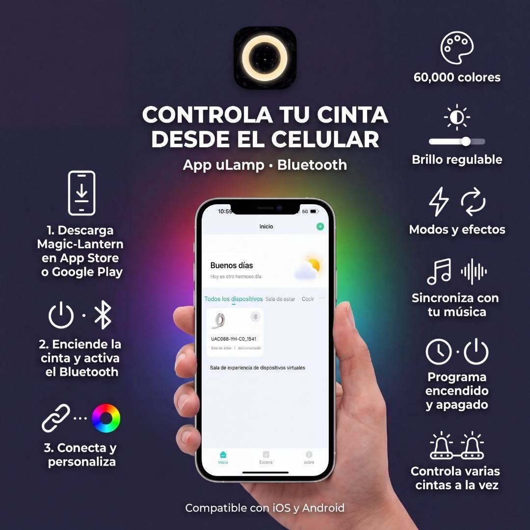 Funciones de la app Bluetooth para controlar colores, brillo y modo música de la cinta LED