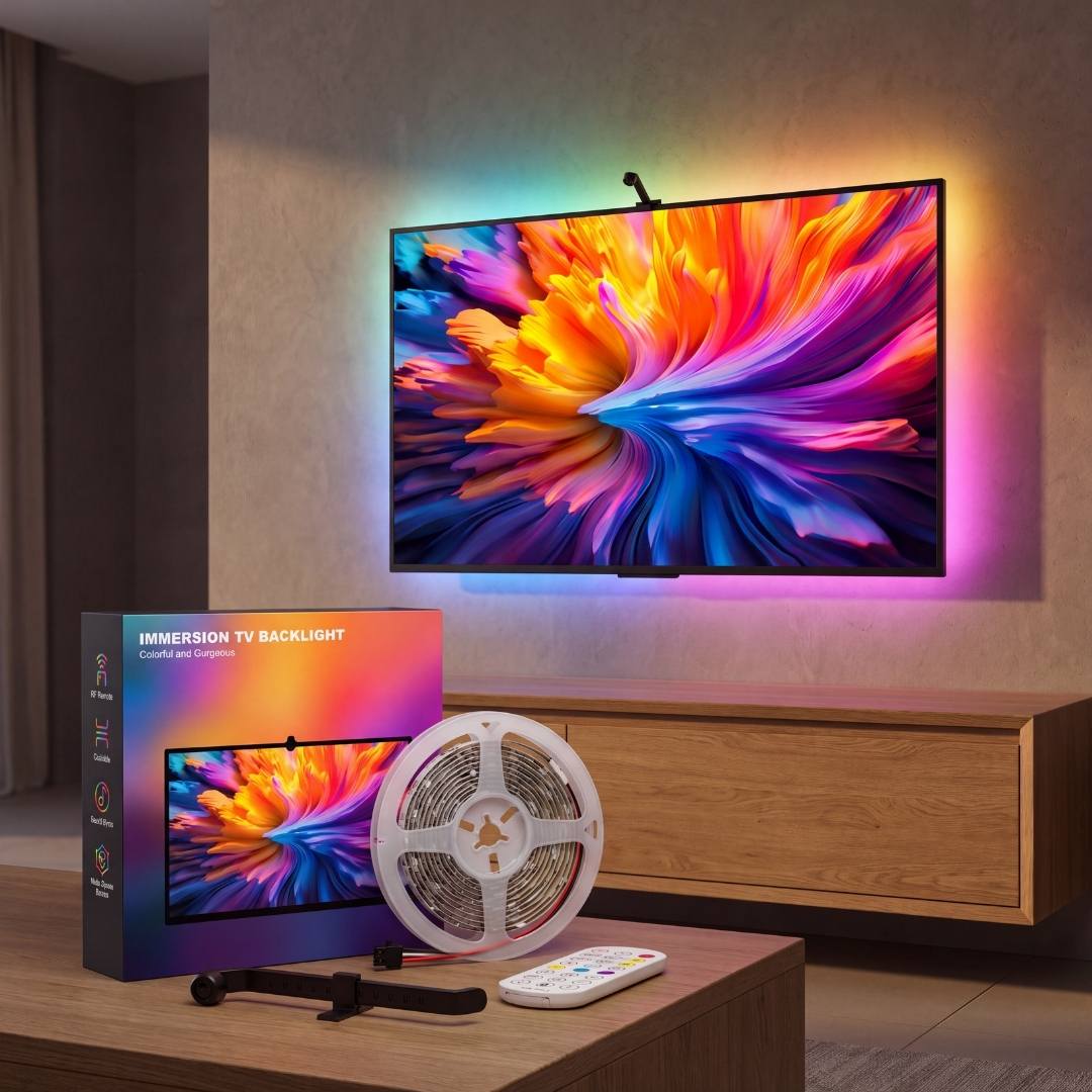 Cinta LED RGB para TV con cámara y control remoto iluminando la pared detrás del televisor