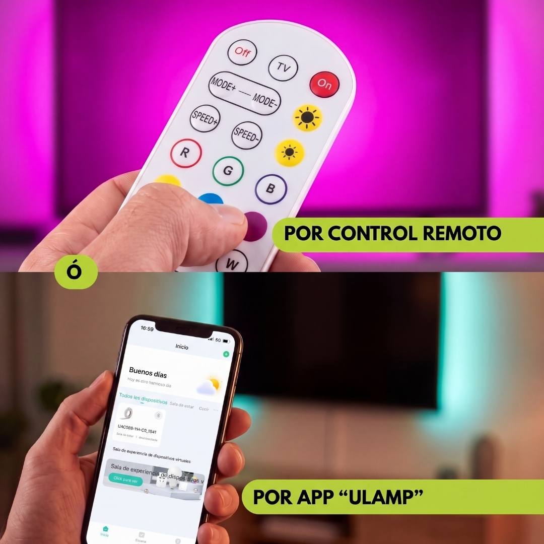 Dos formas de controlar la luz LED del TV: control remoto inalámbrico o app del celular