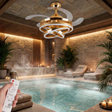 Piscina techada y área de spa climatizada con ventiladores dorados resistentes y elegantes.