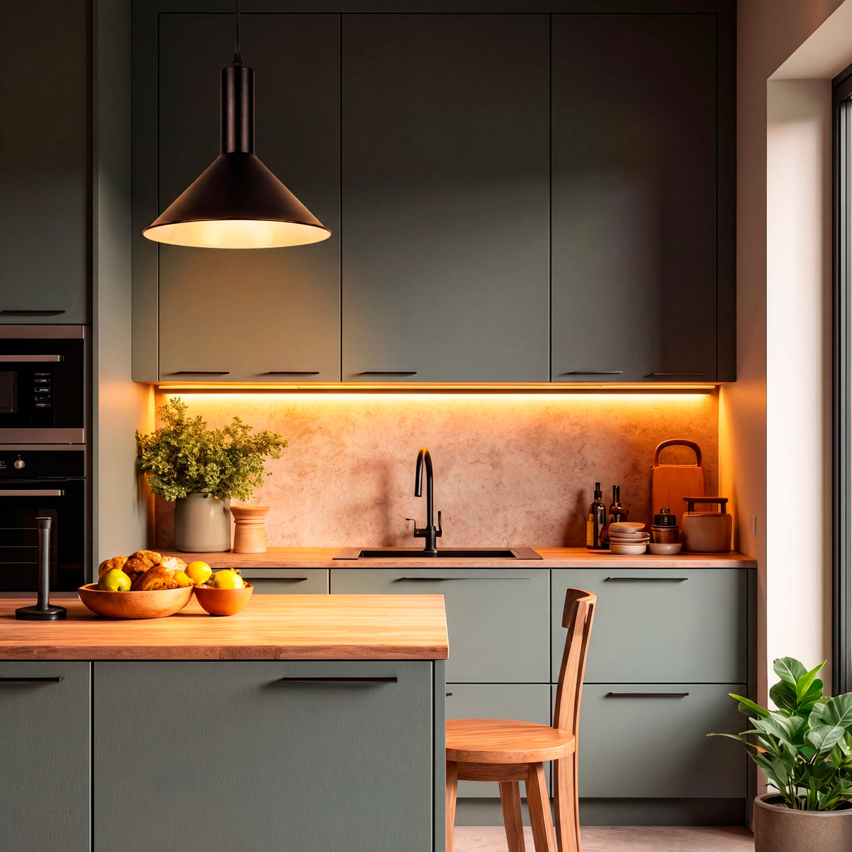 Luminaria suspendida coordinada armónicamente en cocina contemporánea con repisas y acabados premium.