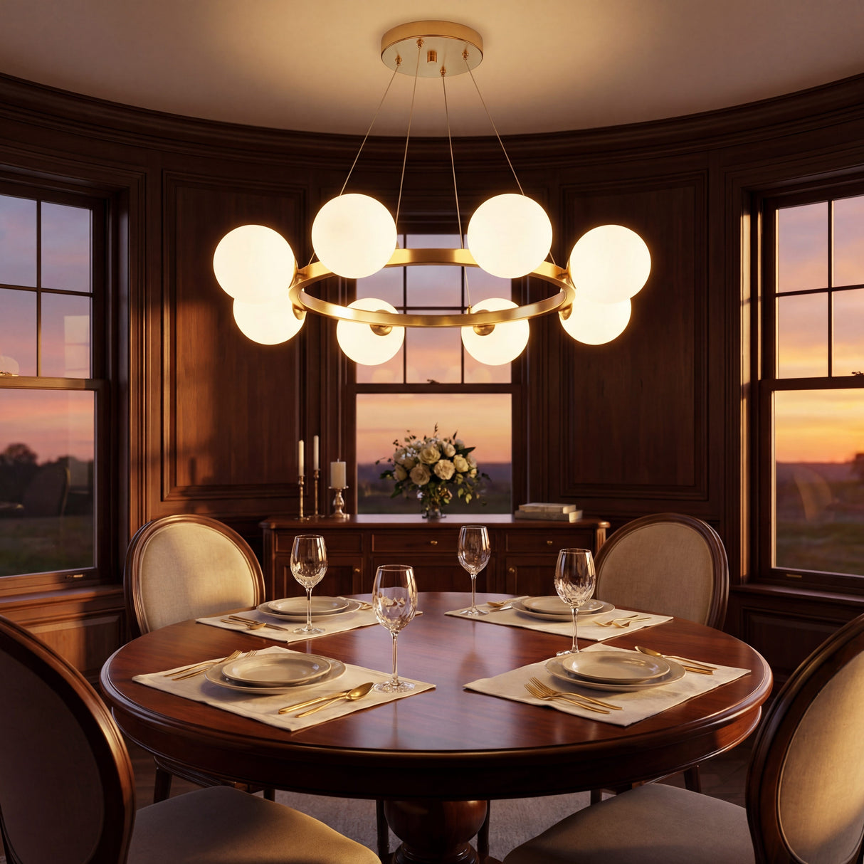 Mesa de comedor redonda iluminada por la lampara Collier Gold durante un atardecer calido con vista al exterior.